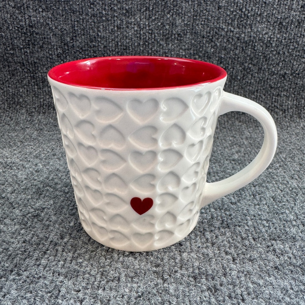 Starbucks 2007 White Embossed Hearts Red Interior Ceramic Coffee Mug 16oz